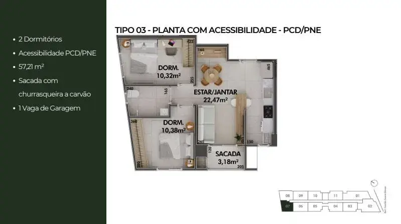 Planta baixa 2 Quartos do Adore Cacupé em Cacupé, Florianópolis — 57.21 m² privativos, em lançamento na planta