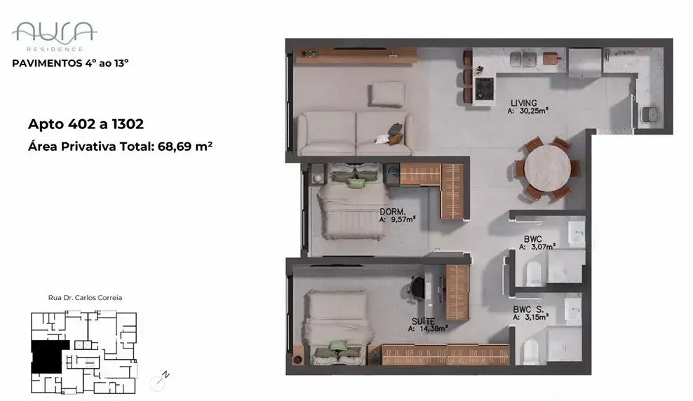 Planta baixa 1 Suíte do Aura em Agronômica, Florianópolis — 68.69 m² privativos, em lançamento na planta