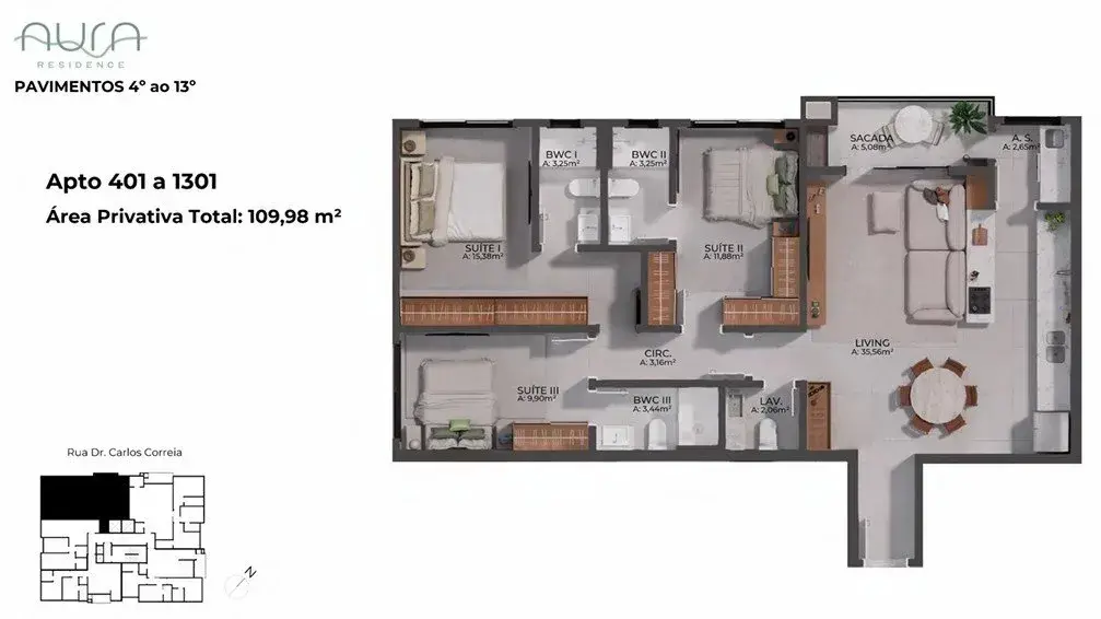 Planta baixa 3 Suítes do Aura em Agronômica, Florianópolis — 108 m² privativos, em lançamento na planta