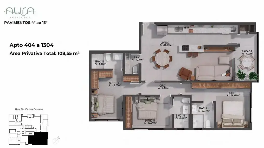 Planta baixa 3 Suítes do Aura em Agronômica, Florianópolis — metragem sob consulta, em lançamento na planta