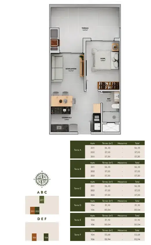 Planta baixa 1 Quarto do Bellomonte em Ingleses, Florianópolis — 54.912 m² privativos, em lançamento na planta