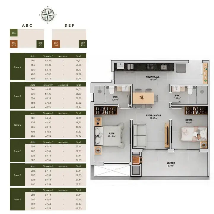 Planta baixa 1 Suíte do Bellomonte em Ingleses, Florianópolis — 84.6 m² privativos, em lançamento na planta
