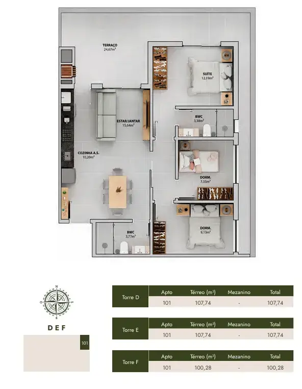 Planta baixa 1 Suíte do Bellomonte em Ingleses, Florianópolis — 84.6 m² privativos, em lançamento na planta
