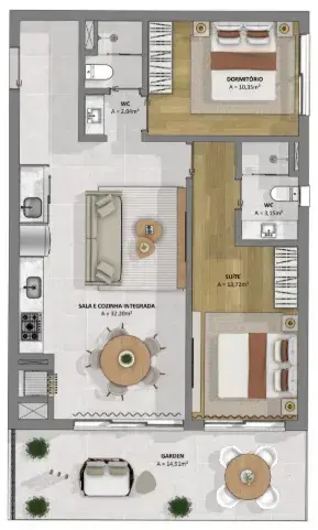 Planta baixa 1 Suíte do Cacupé 4 Náutico Residence em Cacupé, Florianópolis — 34.78 m² privativos, em lançamento na planta