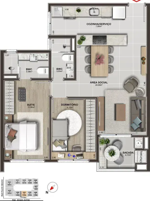Planta baixa 1 Suíte do exclusivo, Villa Vauban em Estreito, Florianópolis — 112 m² privativos, em lançamento na planta
