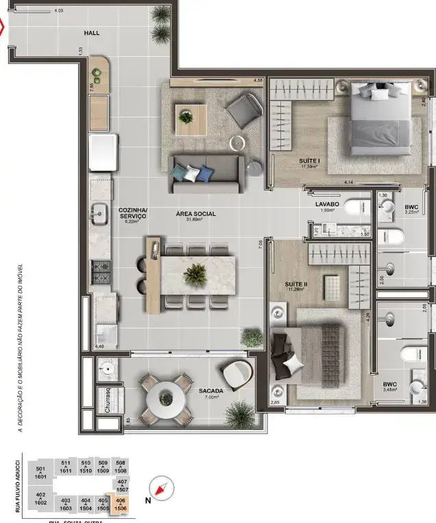 Planta baixa 2 Suítes do exclusivo, Villa Vauban em Estreito, Florianópolis — 84.71 m² privativos, em lançamento na planta