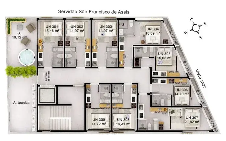 Planta baixa 1 Quarto do Ilha do Campeche II, Campeche em Campeche, Florianópolis — 17.262 m² privativos, em lançamento na planta