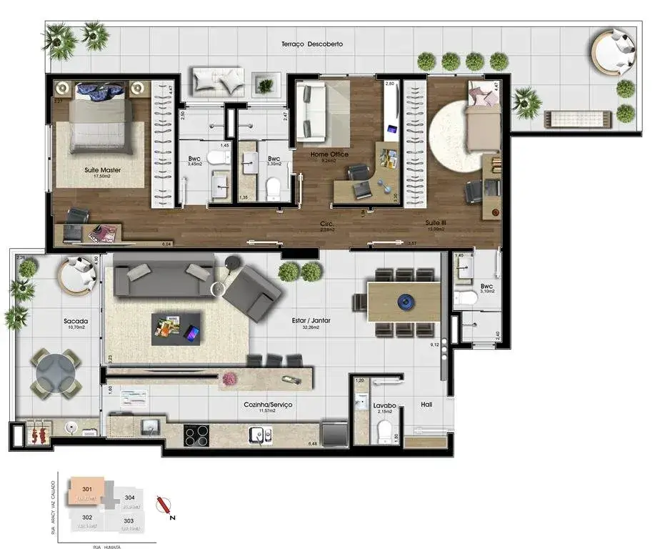 Planta baixa 3 Suítes do Júlio Schappo em Estreito, Florianópolis — 129 m² privativos, pronto para morar na planta