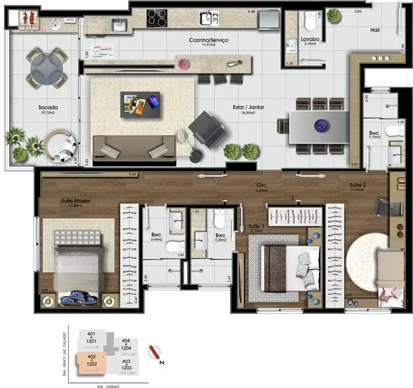 Planta baixa 3 Suítes do Júlio Schappo em Estreito, Florianópolis — 129 m² privativos, pronto para morar na planta