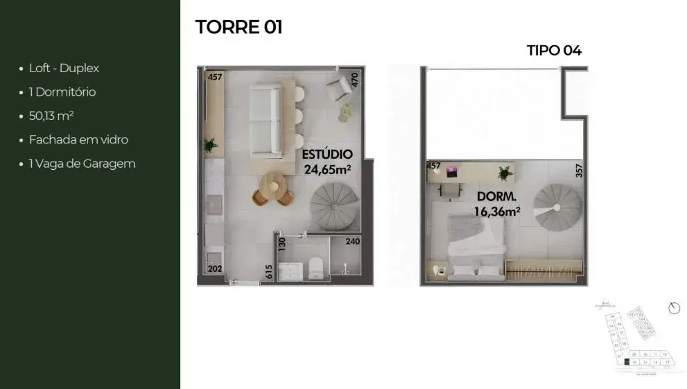 Planta baixa 1 Quarto do LEVEL UP em Cachoeira do Bom Jesus, Florianópolis — 61.96 m² privativos, em lançamento na planta