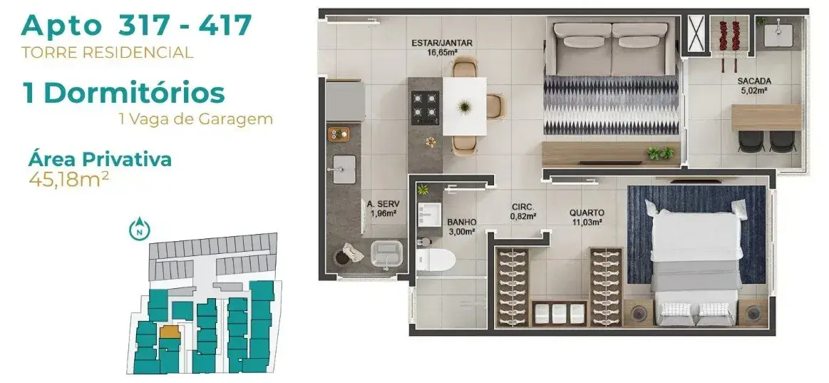 Planta baixa 1 Quarto do Luma Home em Ingleses, Florianópolis — 45.2 m² privativos, em lançamento na planta