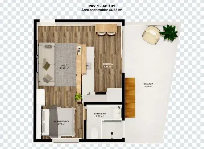 Planta baixa Studio do Maria Francisca em Campeche, Florianópolis — 60.24 m² privativos, em lançamento na planta