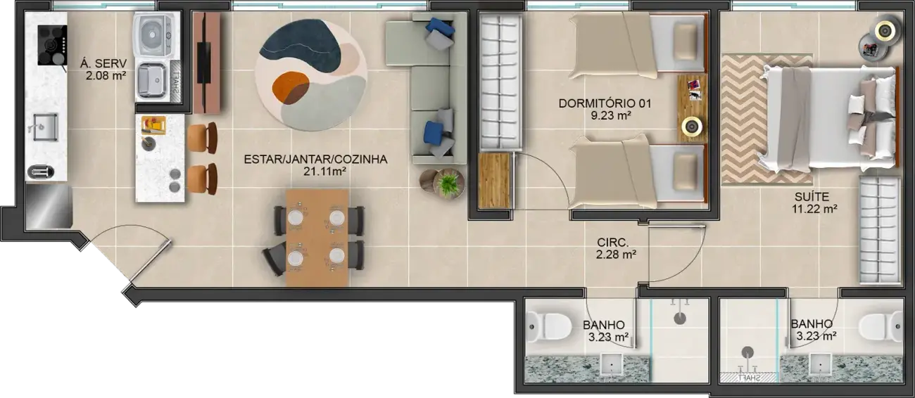 Planta baixa 1 Suíte do Mirante dos Corais em Coqueiros, Florianópolis — 92 m² privativos, em lançamento na planta