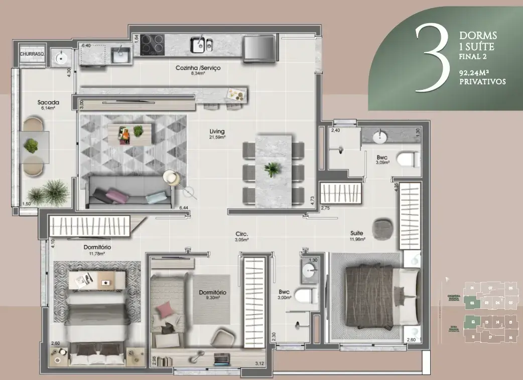 Planta baixa 2 Suítes do Orquídea & Rosa Branca em Estreito, Florianópolis — 80.32 m² privativos, em lançamento na planta