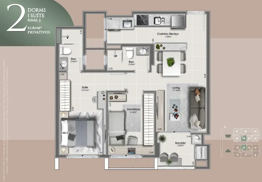 Planta baixa 1 Suíte do Orquídea & Rosa Branca em Estreito, Florianópolis — 92.24 m² privativos, em lançamento na planta
