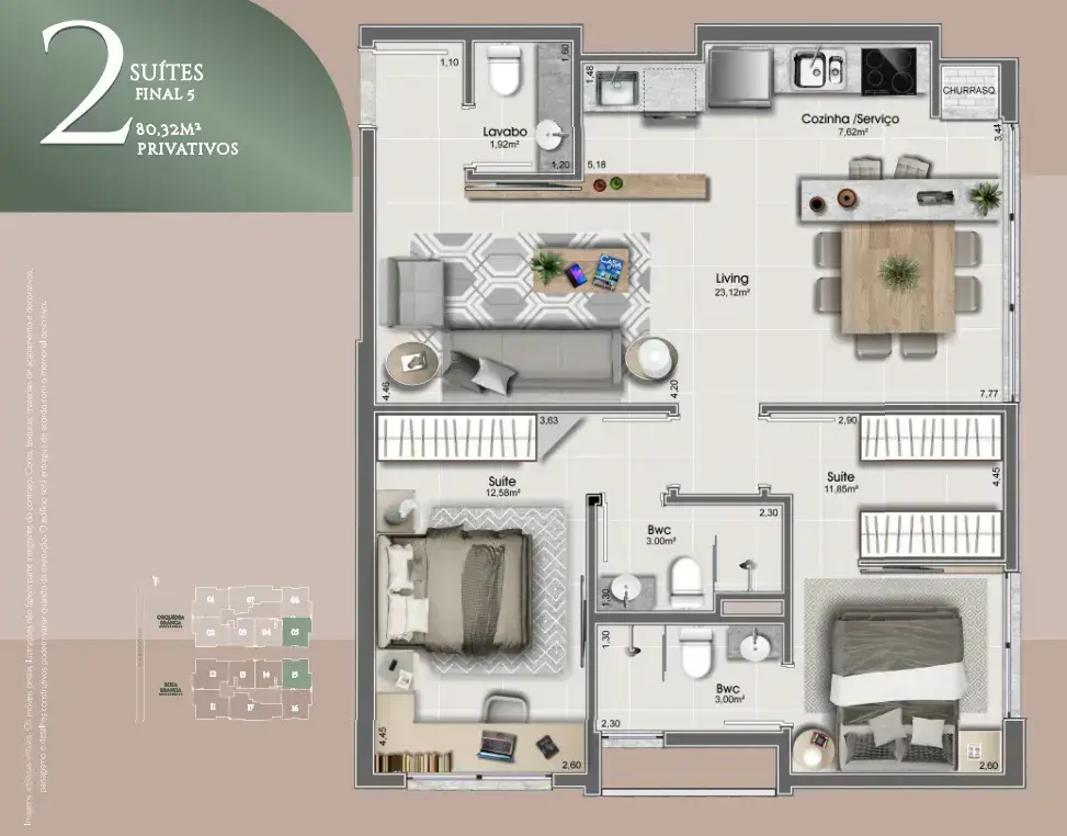 Planta baixa 2 Suítes do Orquídea & Rosa Branca em Estreito, Florianópolis — 80.32 m² privativos, em lançamento na planta