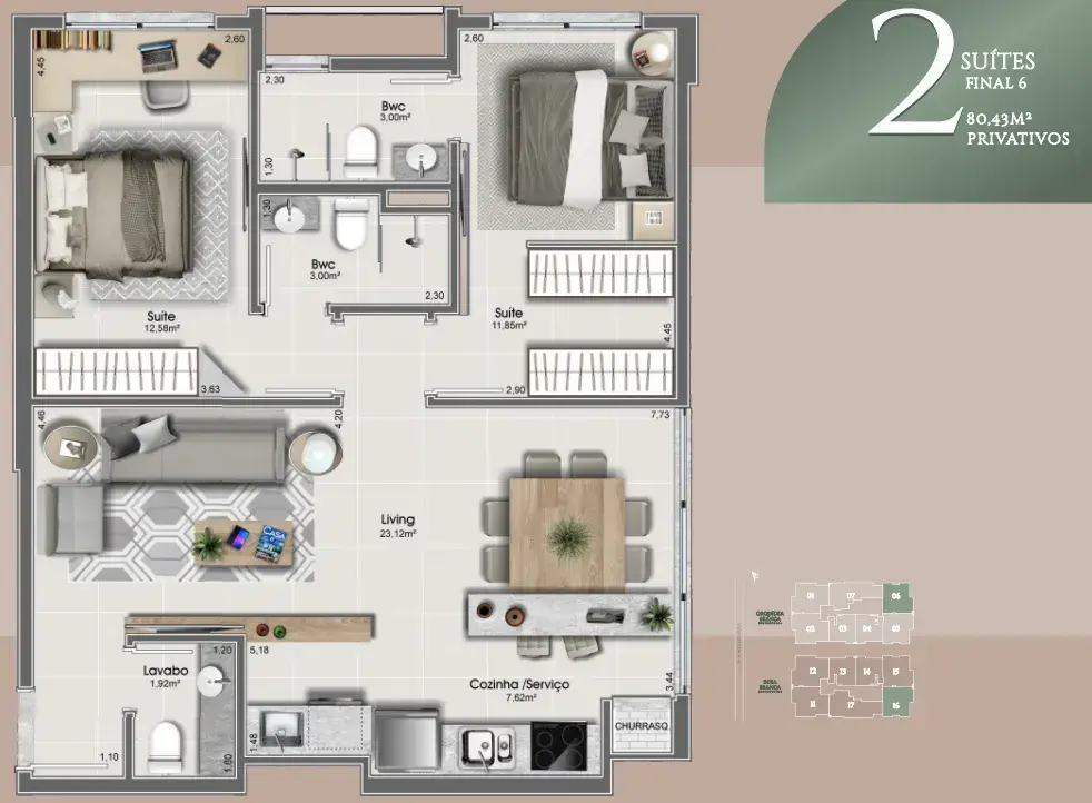 Planta baixa 2 Quartos do Orquídea & Rosa Branca em Estreito, Florianópolis — metragem sob consulta, em lançamento na planta
