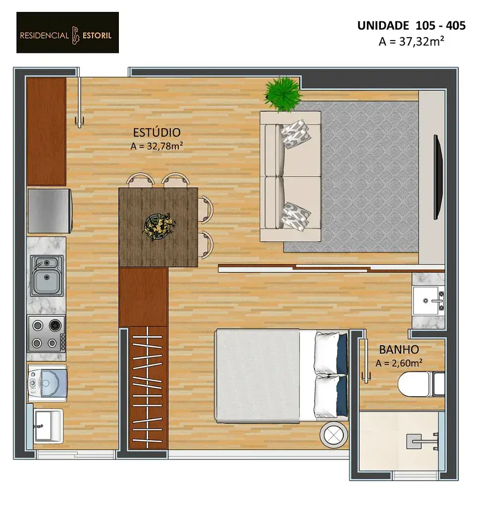 Planta baixa 2 Quartos do Residencial Estoril em Carvoeira, Florianópolis — 37 m² privativos, pronto para morar na planta