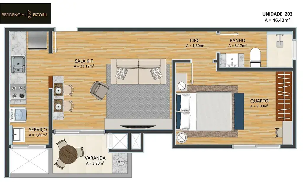 Planta baixa 1 Quarto do Residencial Estoril em Carvoeira, Florianópolis — 46 m² privativos, pronto para morar na planta