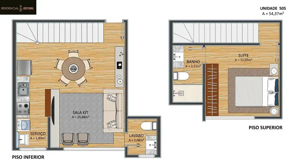 Planta baixa 1 Quarto do Residencial Estoril em Carvoeira, Florianópolis — 54 m² privativos, pronto para morar na planta