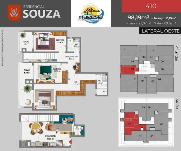 Planta baixa 1 Suíte do Residencial Souza em Ingleses do Rio Vermelho, Florianópolis — 98.19 m² privativos, pronto para morar na planta