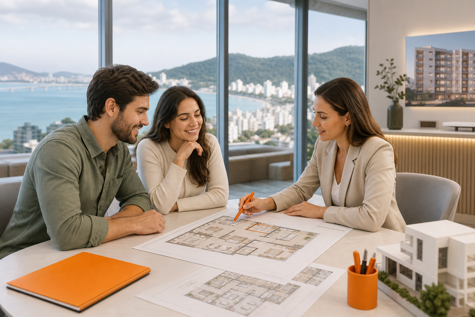 Casal analisando plantas de apartamento na planta com consultor imobiliário antes da compra