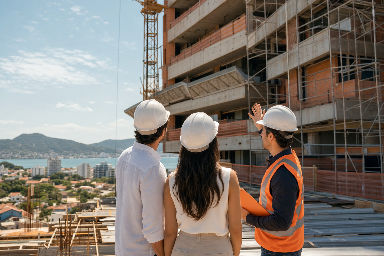Casal com capacete acompanhando a construção de um edifício residencial em Florianópolis